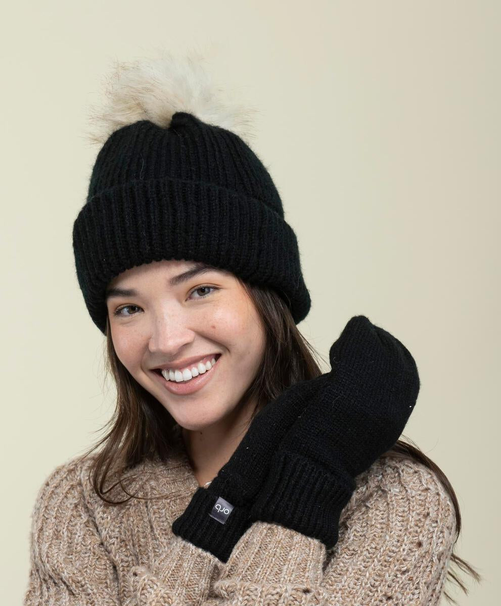 Snowflake Lined Rib Mitts - Black