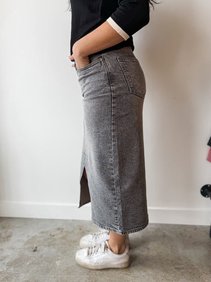 Veri Denim Midi Skirt - Grey