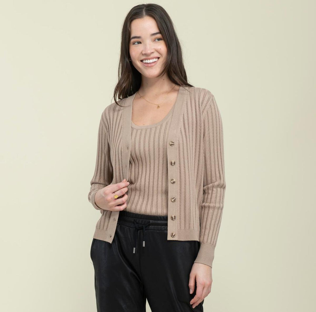 Charly Pointelle Cardigan- Taupe
