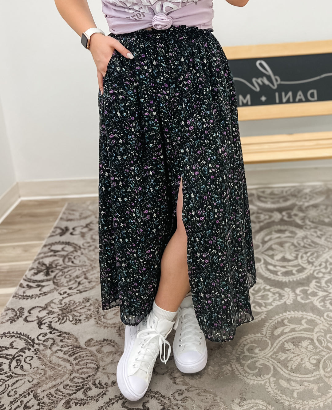 Floral Button Front Maxi Skirt