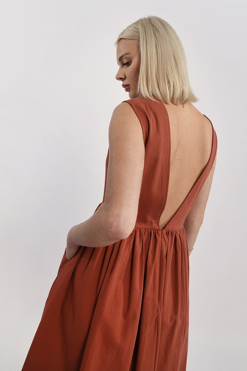 Retro Cotton Dress- Rust