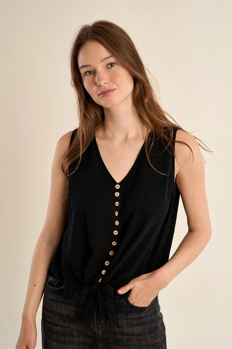 Faux Button Front Knot Tank - Black