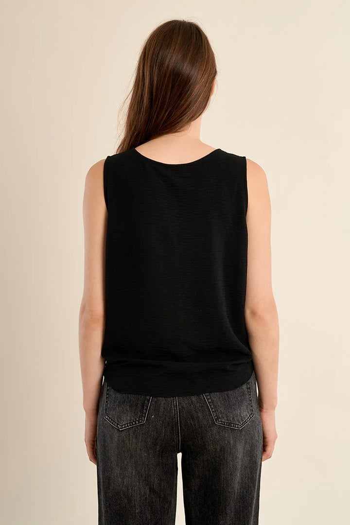 Faux Button Front Knot Tank - Black