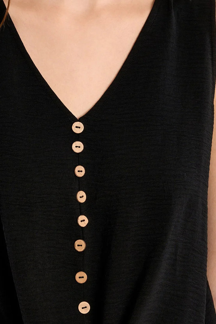 Faux Button Front Knot Tank - Black