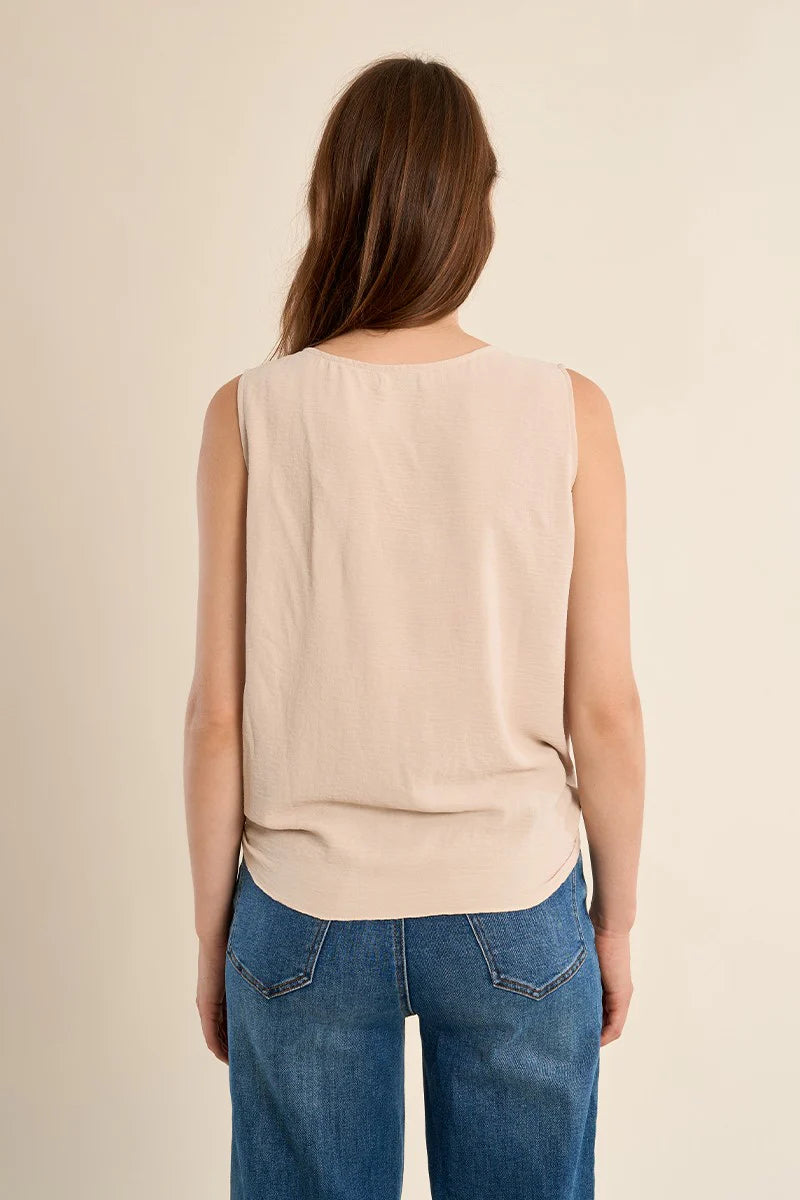 Faux Button Front Knot Tank - Cream