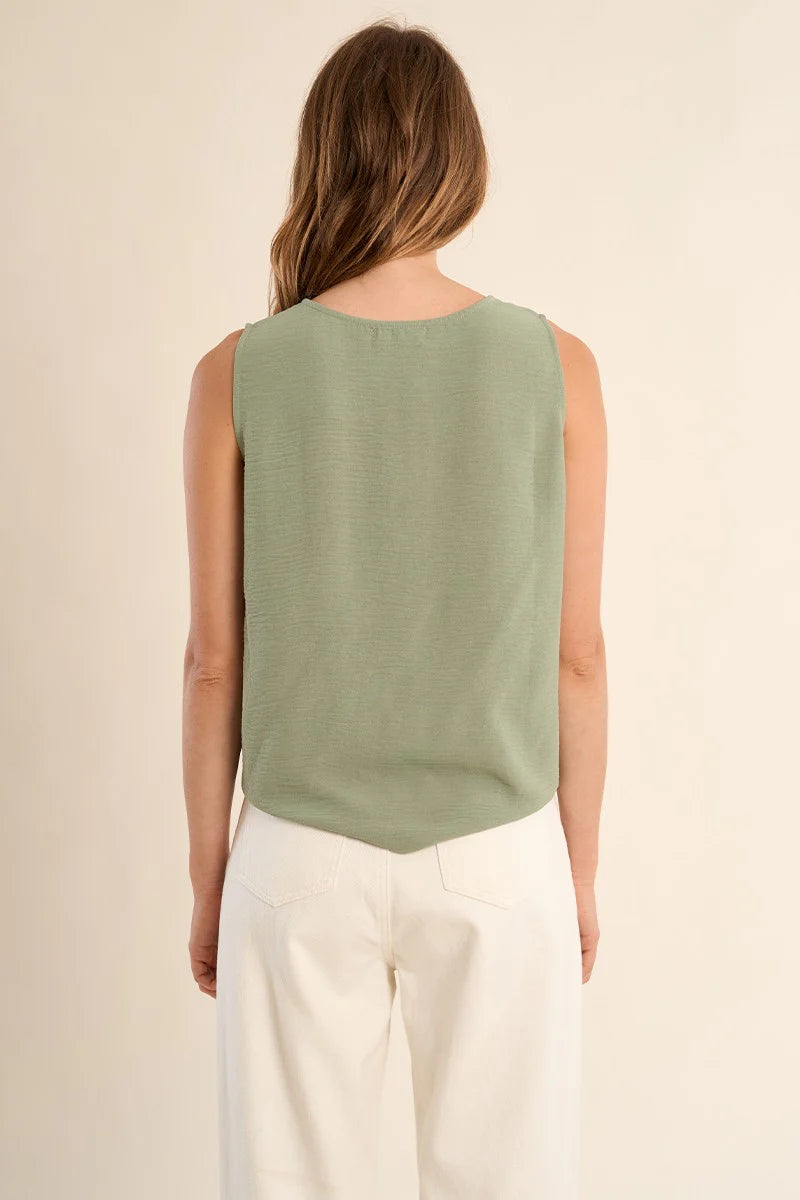 Faux Button Front Knot Tank - Sage Green