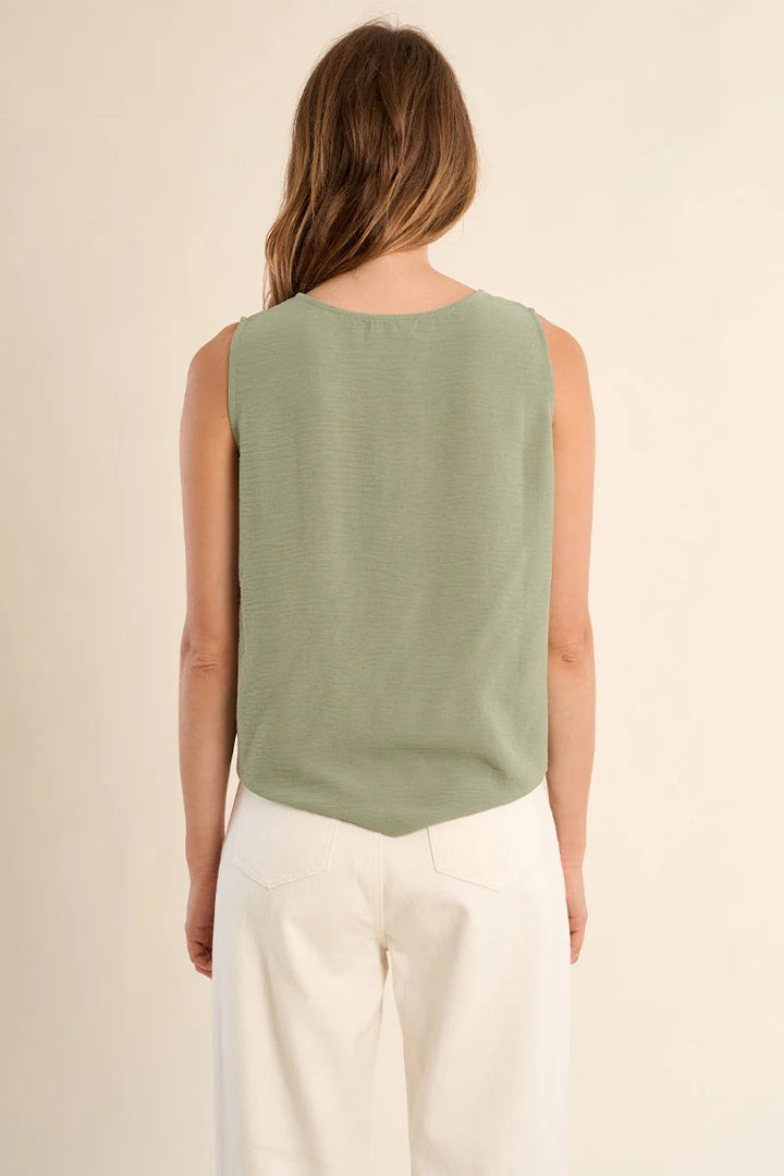 Faux Button Front Knot Tank - Sage Green
