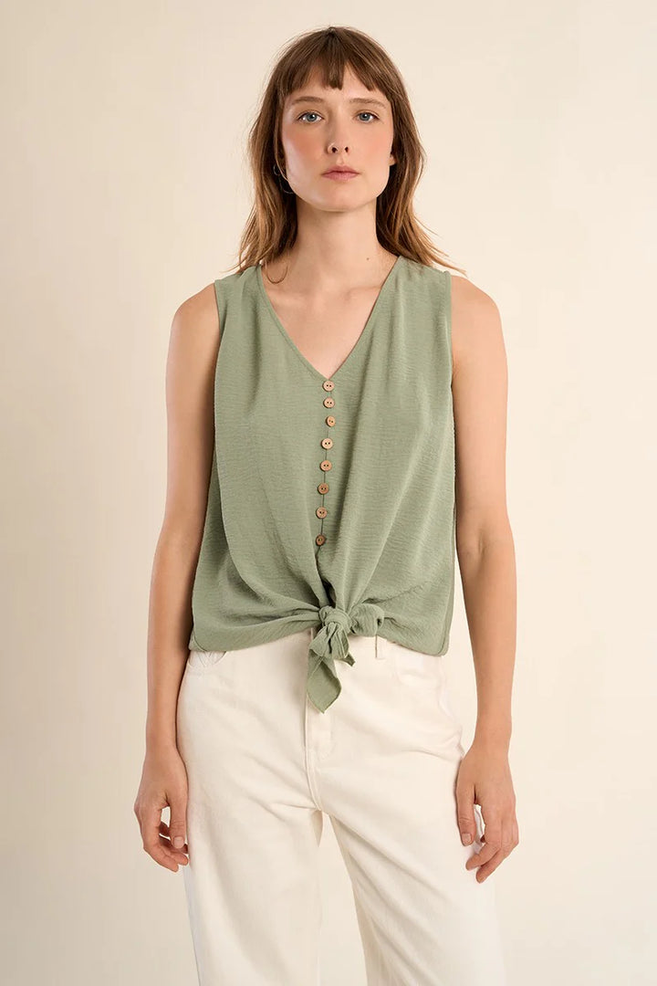 Faux Button Front Knot Tank - Sage Green