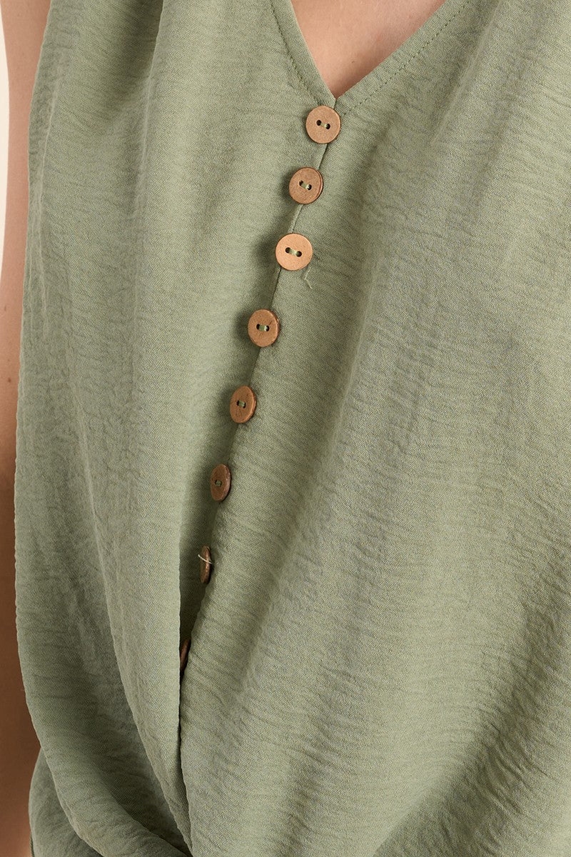 Faux Button Front Knot Tank - Sage Green