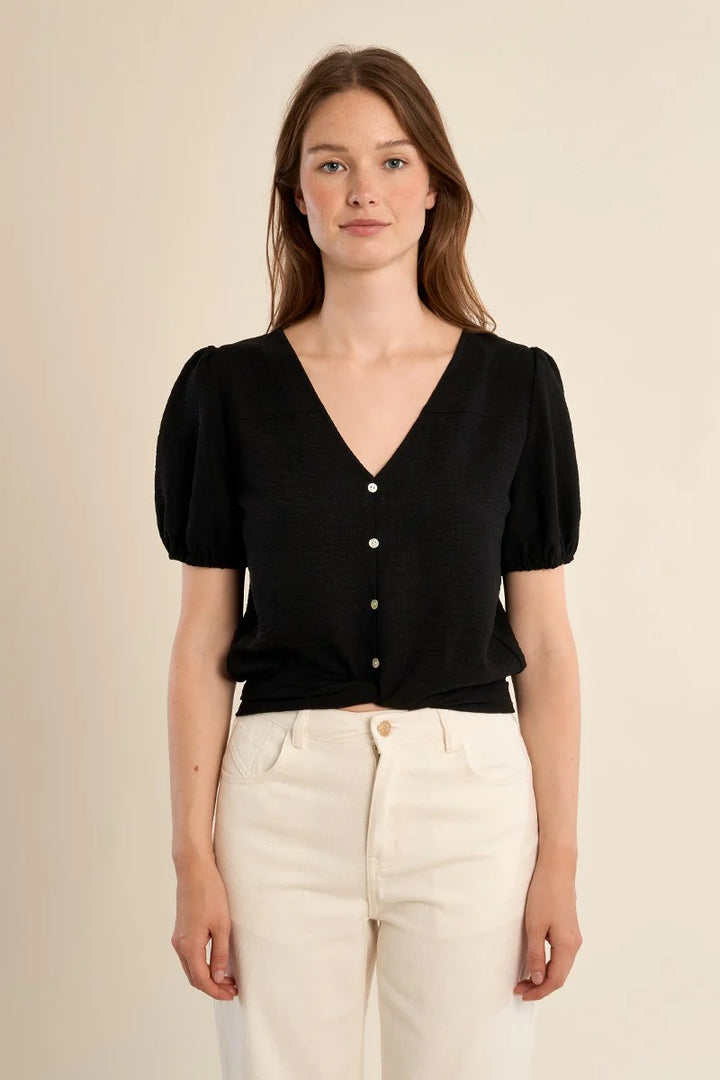 Black Buttoned Tie Blouse
