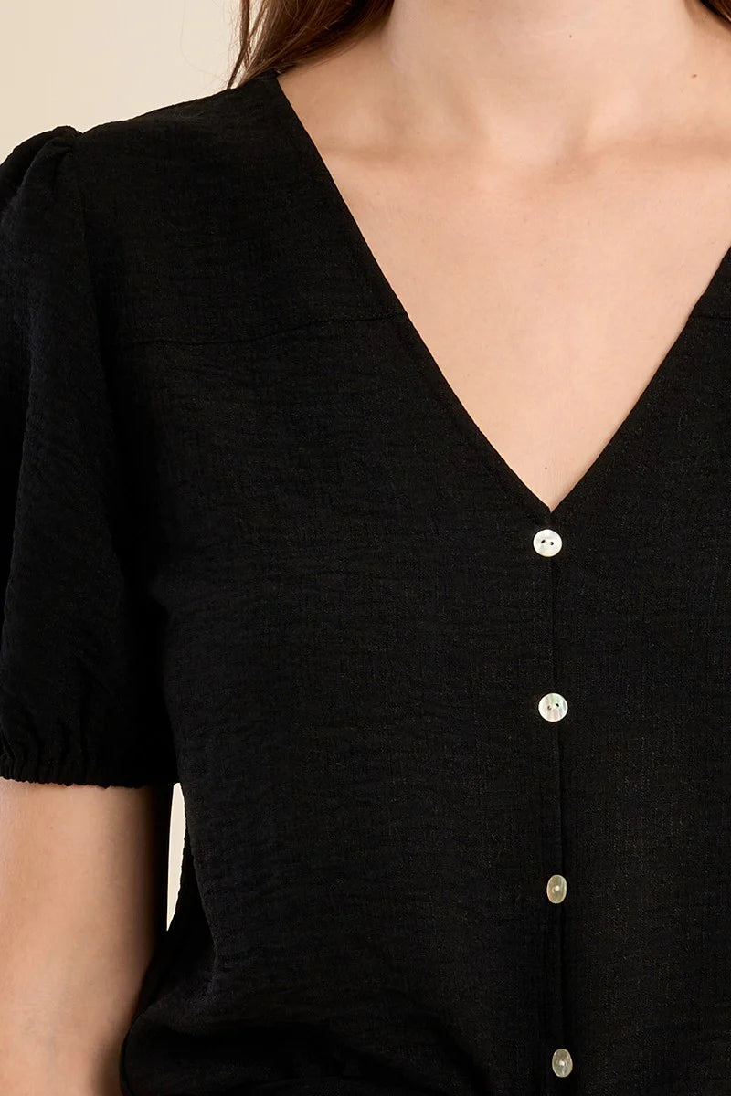 Black Buttoned Tie Blouse