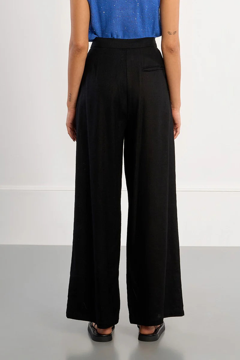 Black Linen Pleated Trousers