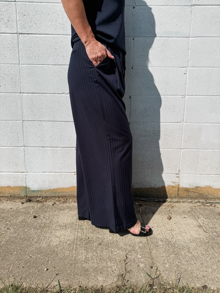 Navy Pinstripe Trousers