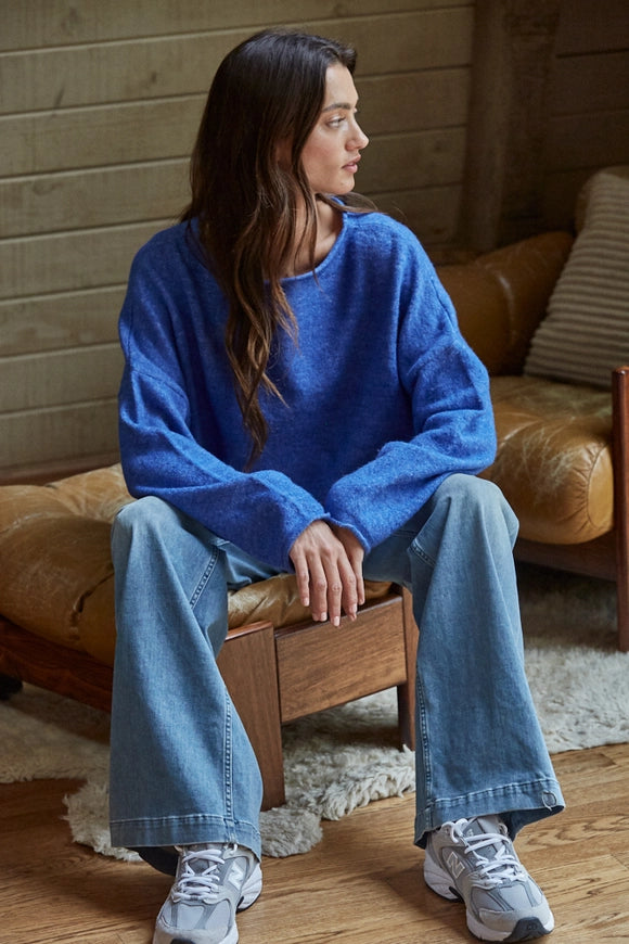 Rolled Neck Knit Sweater - Blue