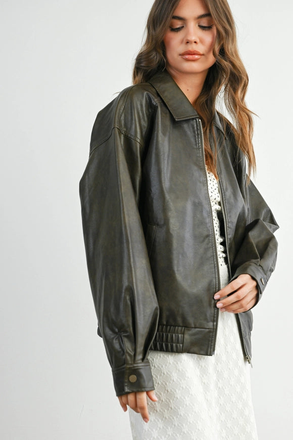 Brown Faux Leather Bomber Jacket