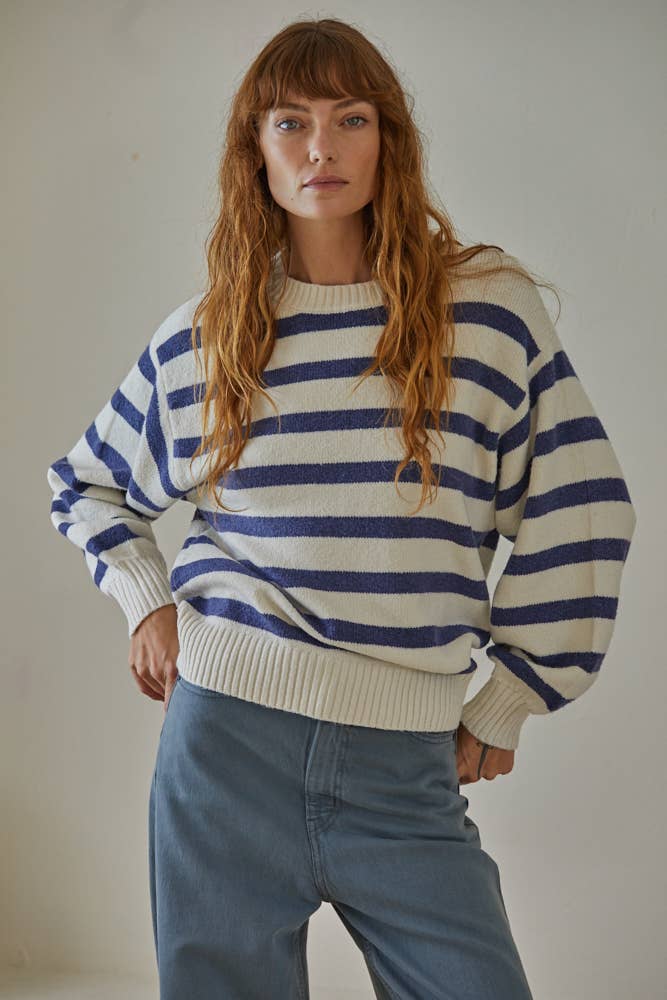 Blue Striped Overized Knit Sweater
