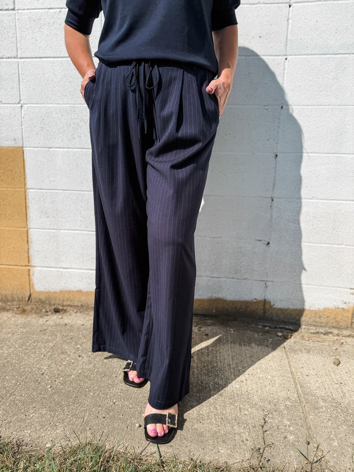 Navy Pinstripe Trousers