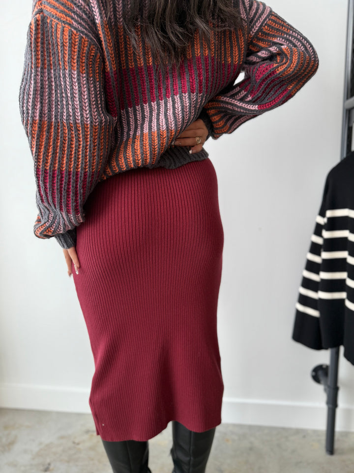 Rib Knit Midi Skirt - Burgundy