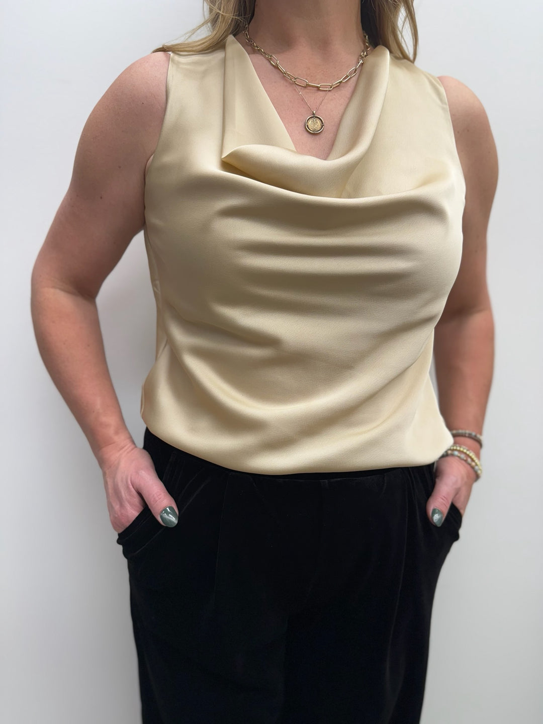 Satin Cowl Neck Sleeveless Blouse - Gold