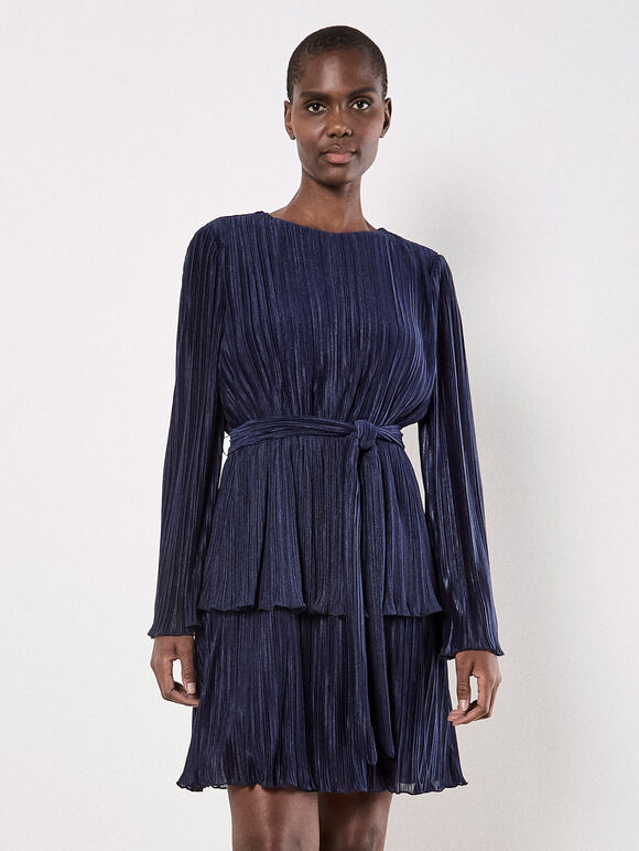 Blue Plisse Belted Dress