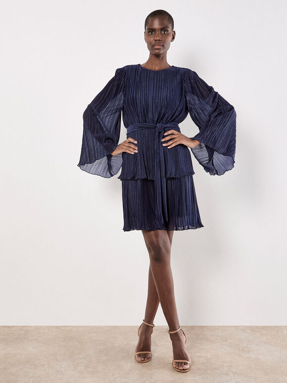 Blue Plisse Belted Dress