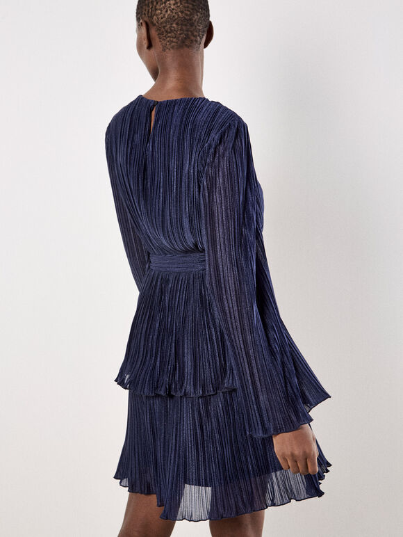 Blue Plisse Belted Dress