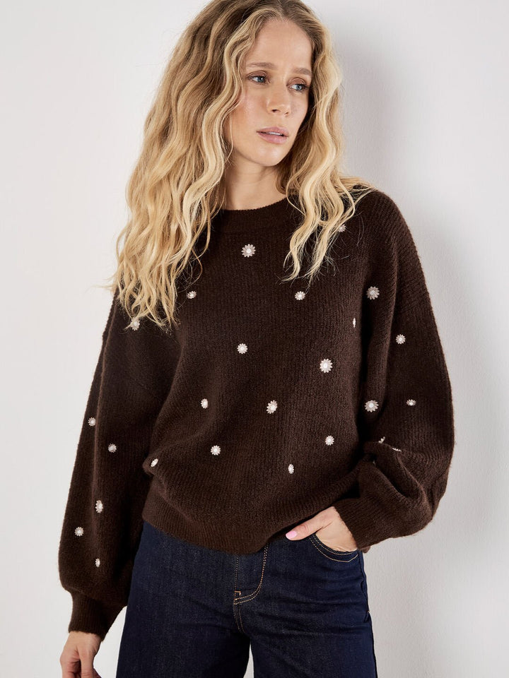 Daisy Embroidered Ribbed Sweater - Brown