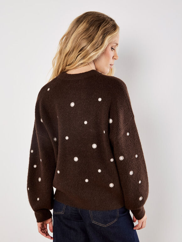 Daisy Embroidered Ribbed Sweater - Brown