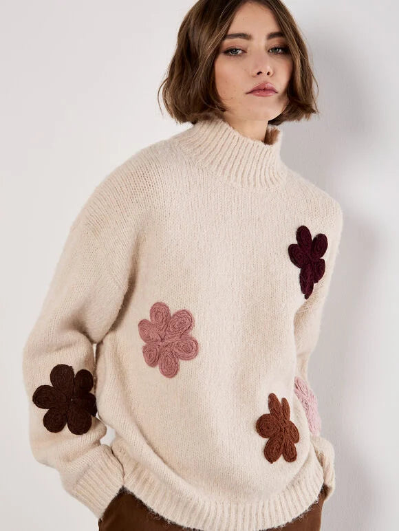 Mockneck Embroidered Floral Sweater