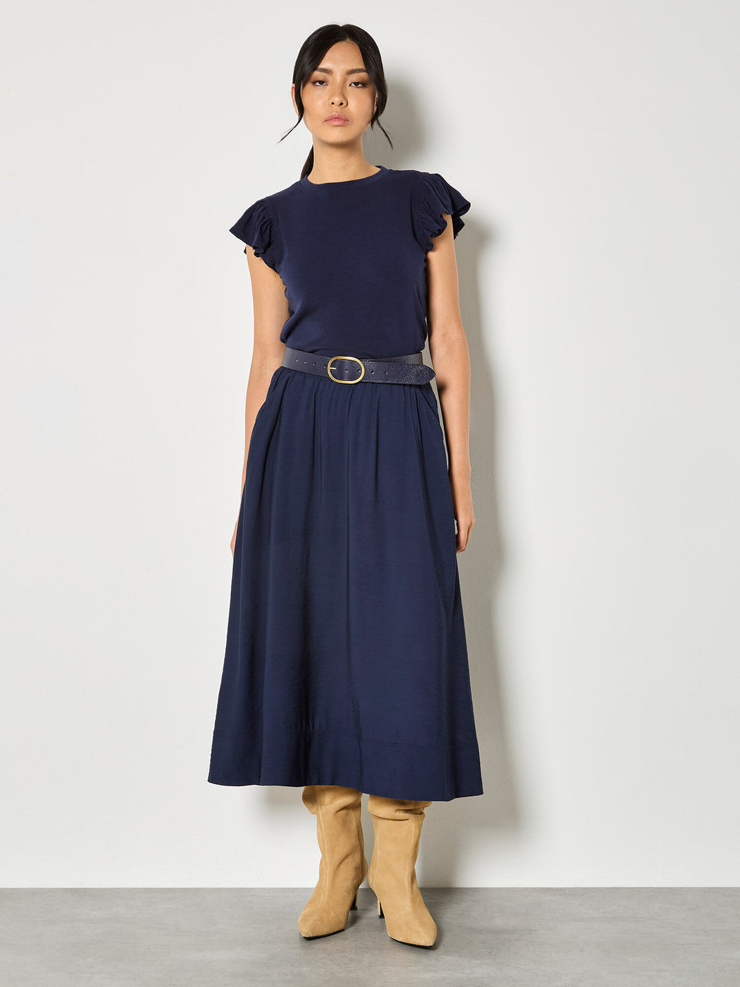 Navy Flowy Midi Skirt