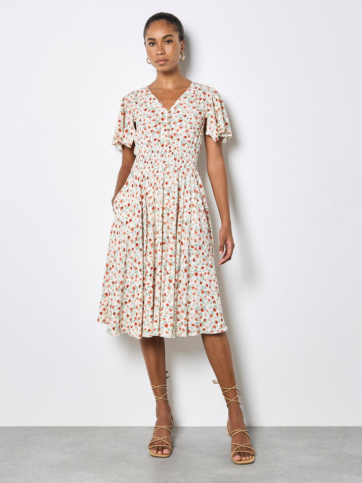 Floral Button Detail Midi Dress