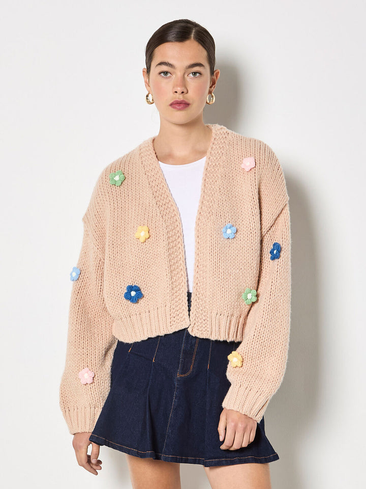 Colourful Daisies Open Cardigan - Stone