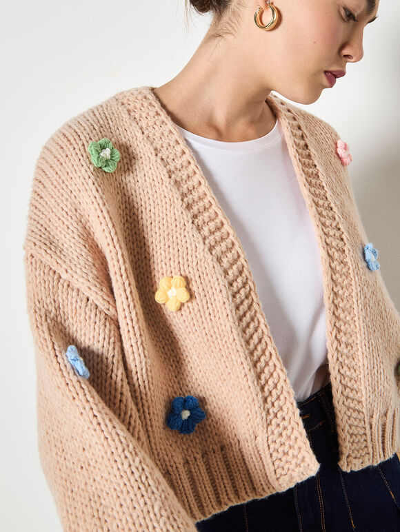 Colourful Daisies Open Cardigan - Stone