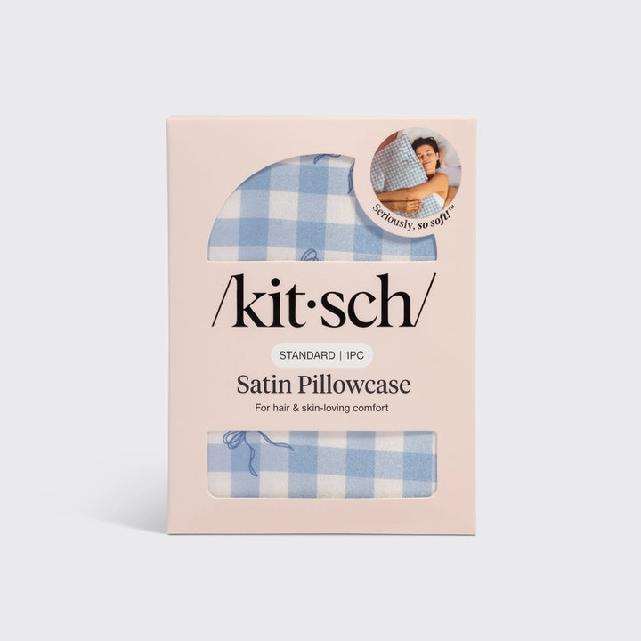 Satin Pillowcase - Blue Gingham/Bows