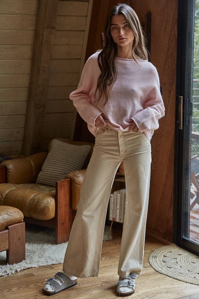 Rolled Neck Knit Sweater - Pink