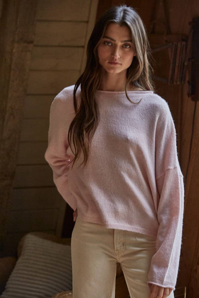 Rolled Neck Knit Sweater - Pink