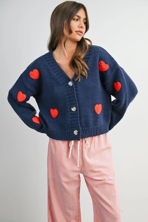 Knit Heart Patterned Cardi - Navy