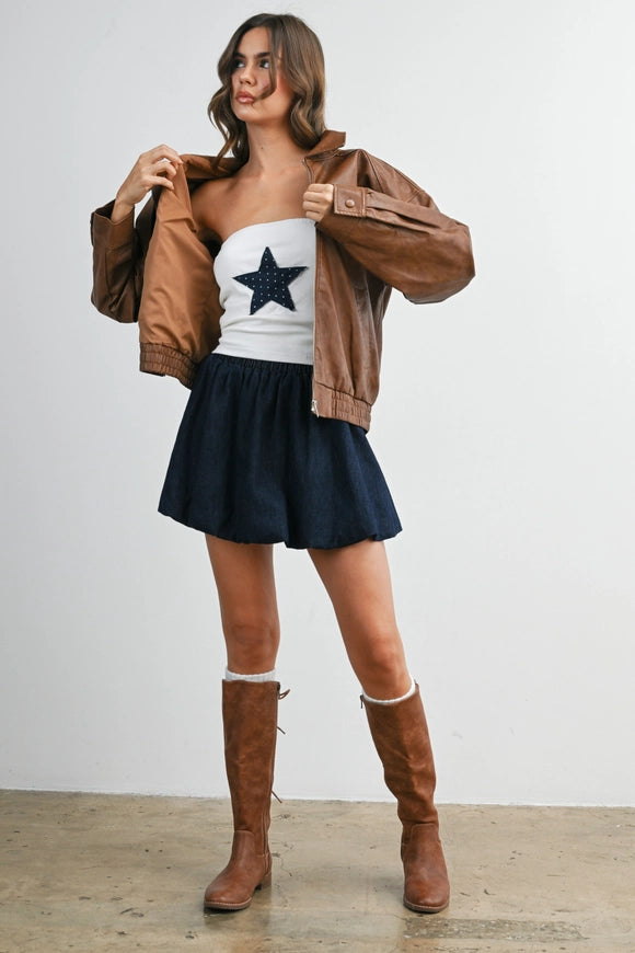 Camel Faux Leather Bomber Jacket