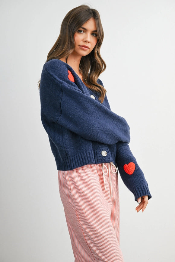 Knit Heart Patterned Cardi - Navy