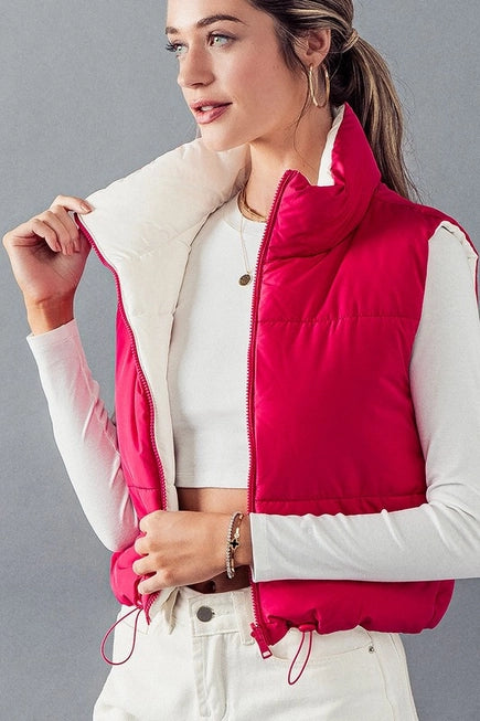 Reversible Cropped Puffer Vest - Pink