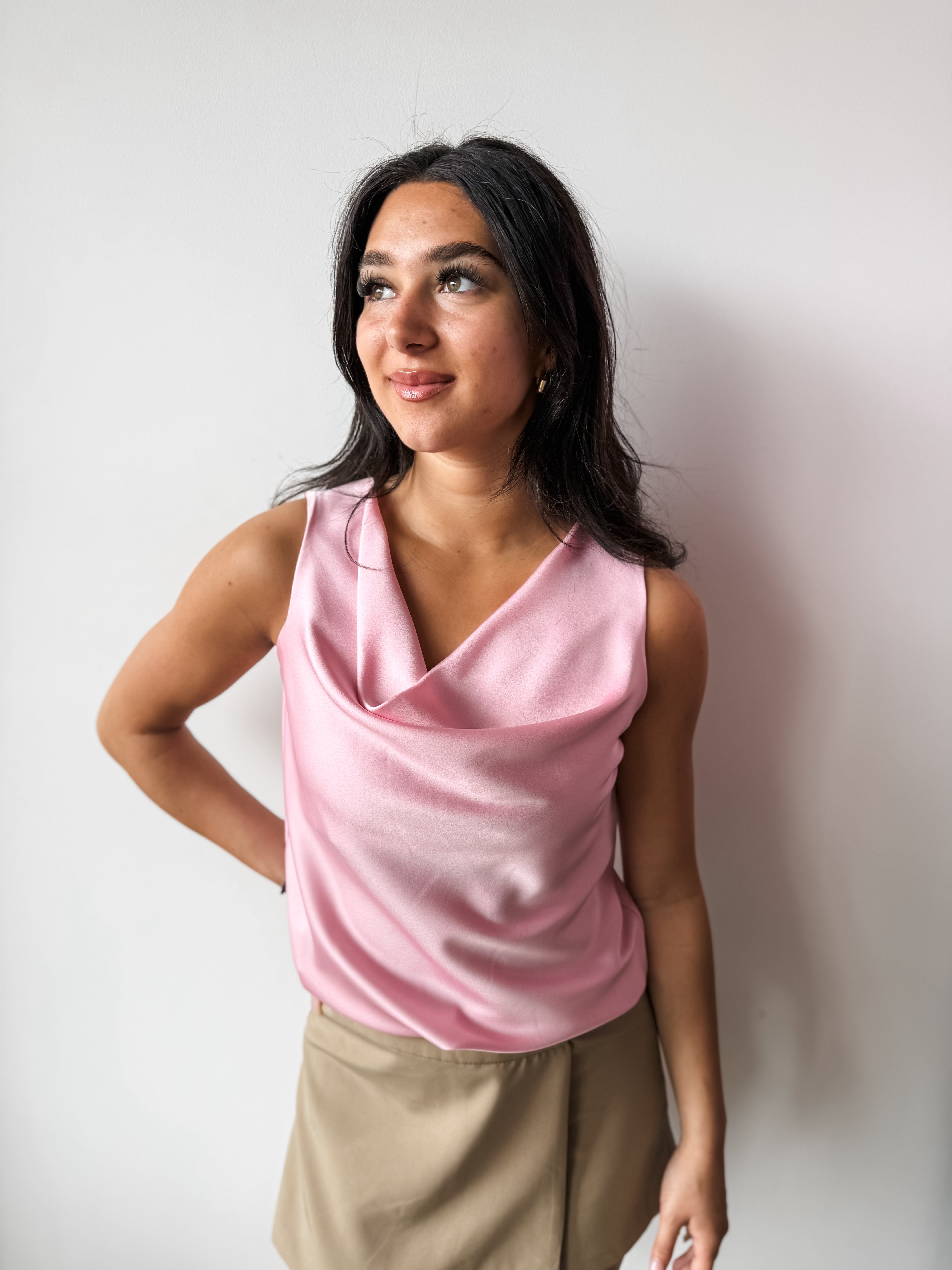 pink satin cowl neck top