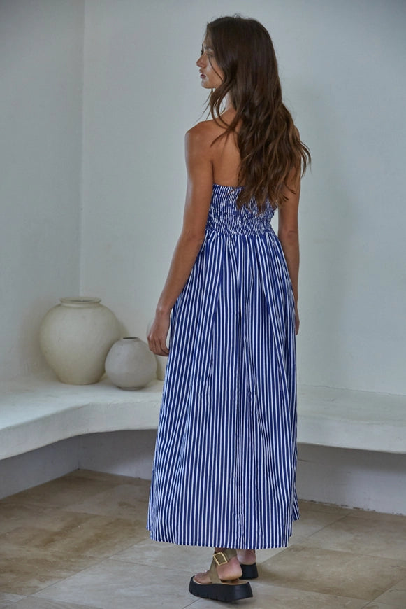 Strapless Blue Striped Maxi Dress