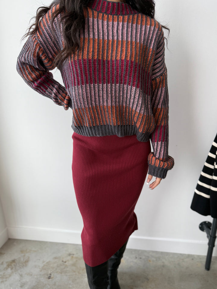 Rib Knit Midi Skirt - Burgundy