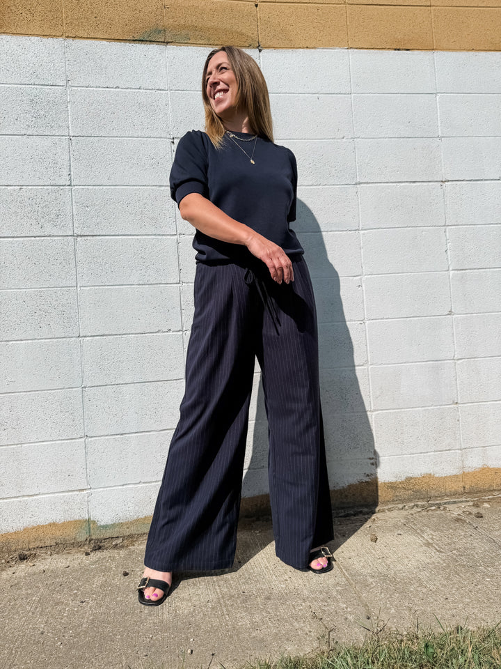 Navy Pinstripe Trousers