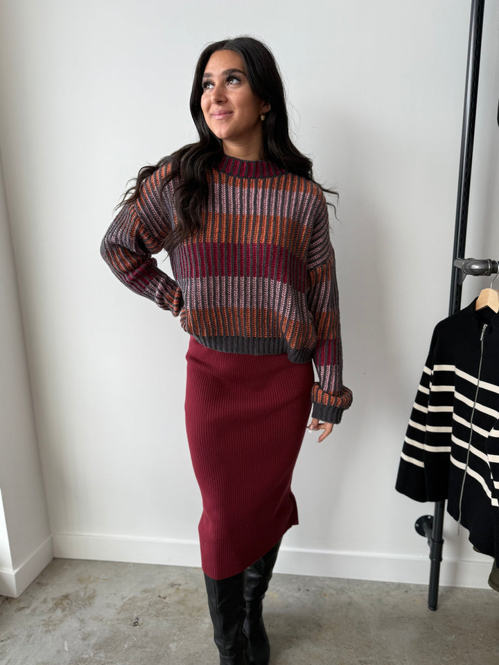 Rib Knit Midi Skirt - Burgundy