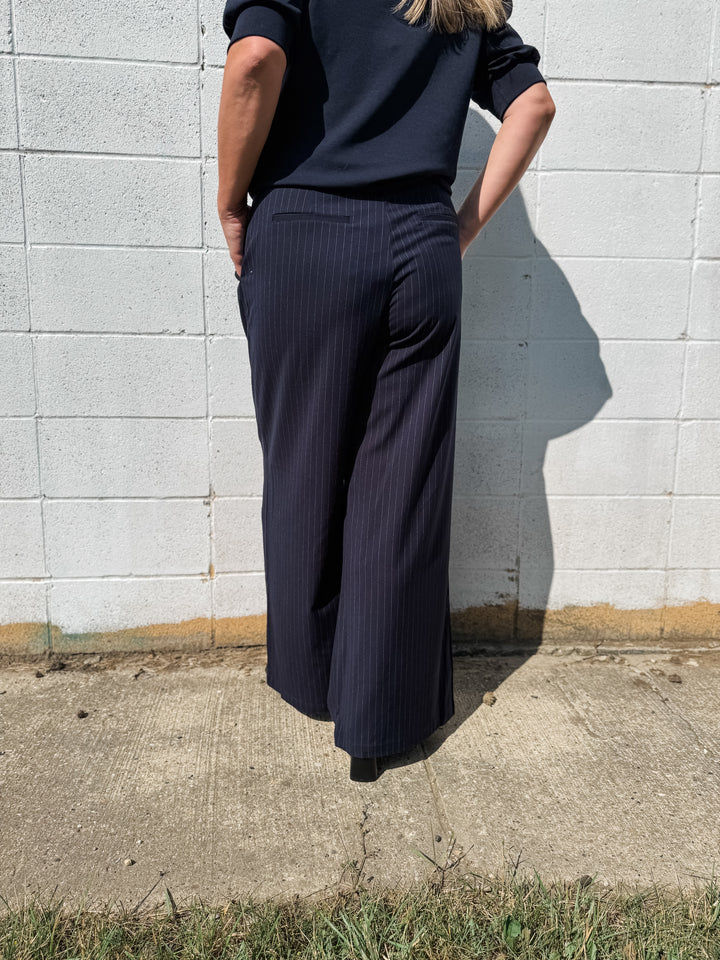 Navy Pinstripe Trousers