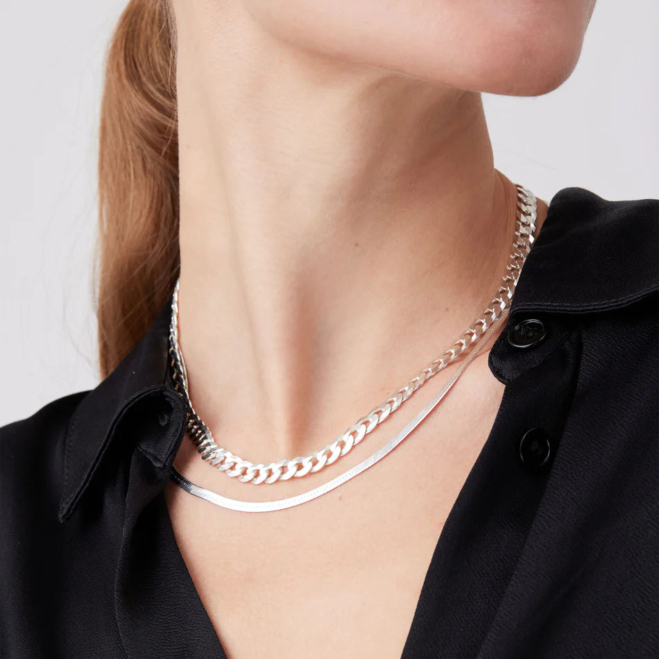 Thin Herringbone Chain Necklace- Silver