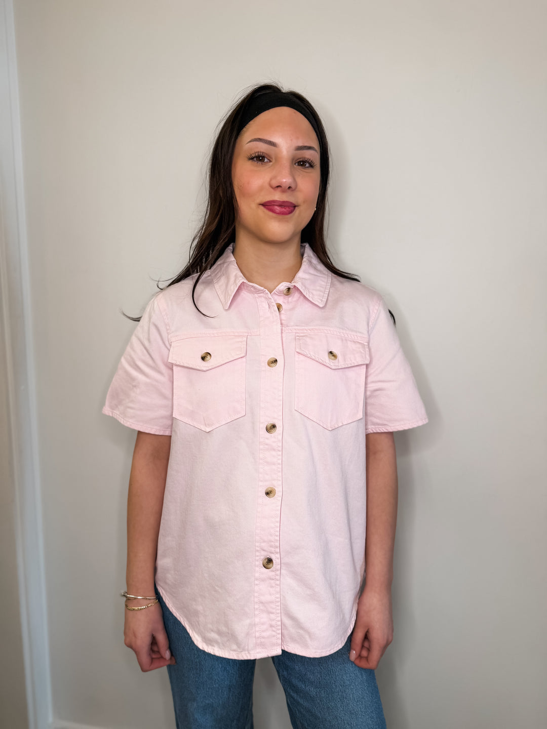 Pink Short Sleeve Denim Button Up