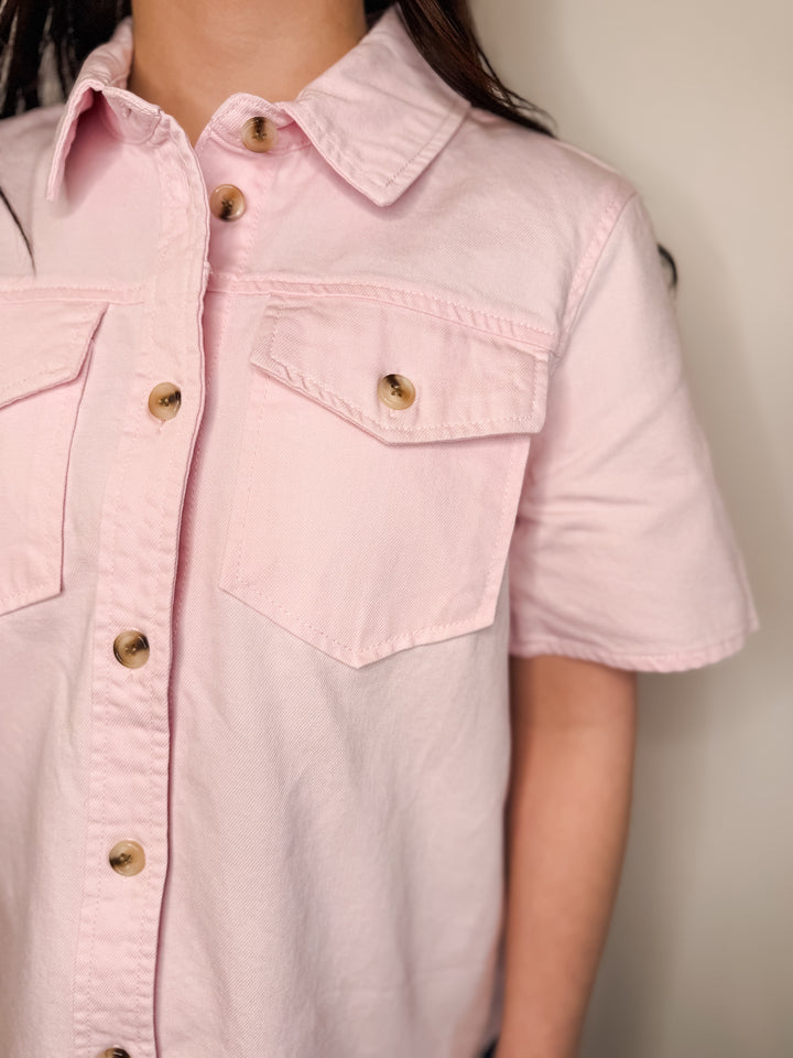 Pink Short Sleeve Denim Button Up