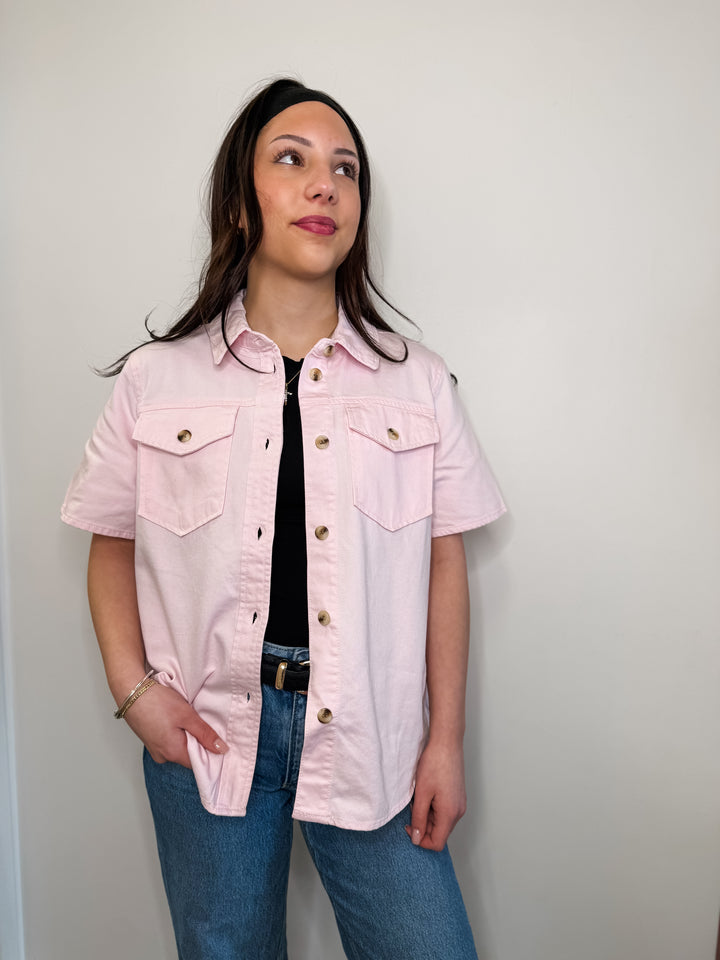 Pink Short Sleeve Denim Button Up